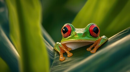 A green tree frog on a leaf