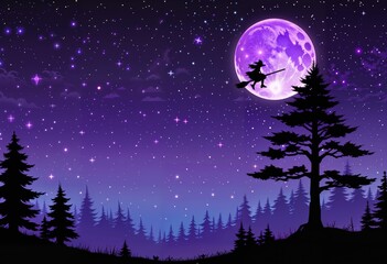 Naklejka premium A witch on a broom flies across a full moon, surrounded by small stars. Below, a jagged tree line creates a spooky forest, magical Halloween night-time scene, Generative AI