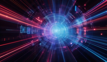 a close up of a blue and red light tunnel with a black background