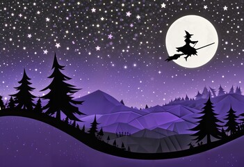 Fototapeta premium A witch on a broom flies across a full moon, surrounded by small stars. Below, a jagged tree line creates a spooky forest, magical Halloween night-time scene, Generative AI
