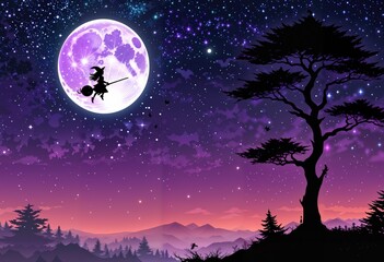 A witch on a broom flies across a full moon, surrounded by small stars. Below, a jagged tree line creates a spooky forest, magical Halloween night-time scene, Generative AI