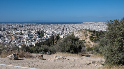 View of the city of Athens from Mouseion Hill, located southwest of the Acropolis, in Athens,...