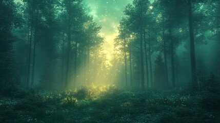 Obraz premium Ethereal forest with glowing light filtering through trees.