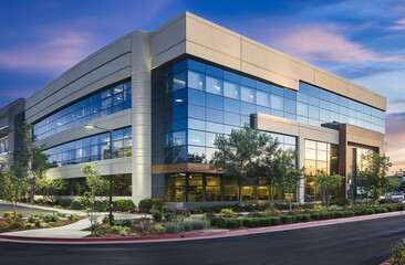 High-end commercial office building with large windows and concrete panels at highway corner in Glendora, California, modern architecture.