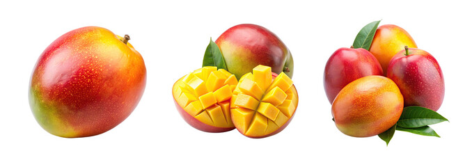Set of full and cut of mango isolated on white