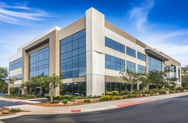 High-end commercial office building with large windows and concrete panels at highway corner in Glendora, California, modern architecture.