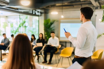 Fototapeta premium Man in a white shirt holding blue pen while giving a presentation in a modern office, group of people sitting, blurred background, natural bright lighting.