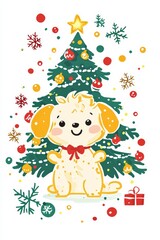 Fototapeta premium Cute dog by Xmas tree