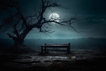 A lone bench sits in front of a bare tree with a full moon in the background. AI generative. .
