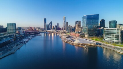 Aerial view of a modern city skyline along a waterfront, showcasing buildings and boats.