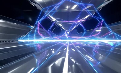 Tracking: Streams of glowing blue and purple energy arcs flow across a sleek metallic surface, converging into dynamic geometric patterns. The light pulses rhythmically, creating an ethereal glow. - Powered by Adobe