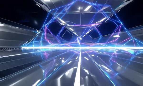 Tracking: Streams of glowing blue and purple energy arcs flow across a sleek metallic surface, converging into dynamic geometric patterns. The light pulses rhythmically, creating an ethereal glow.  - Powered by Adobe