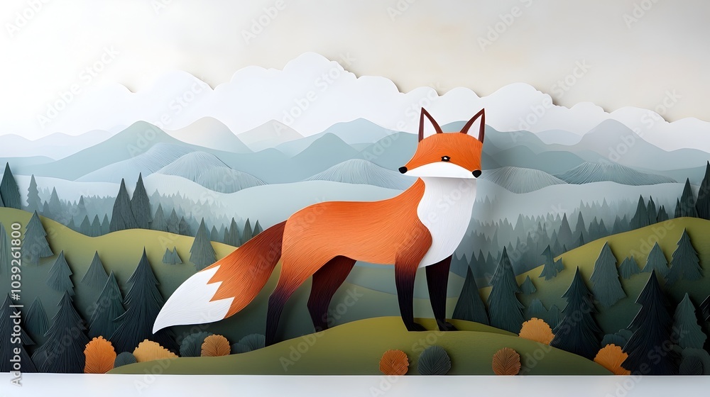 Poster silhouetted fox in a symmetrical paper cut forest scene with mirrored details creating a minimalist 