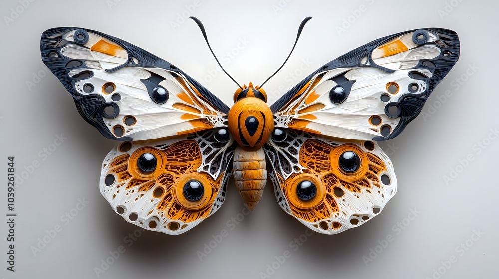 Poster captivating symmetrical butterfly wings featuring intricate layered fractal paper cut patterns creat