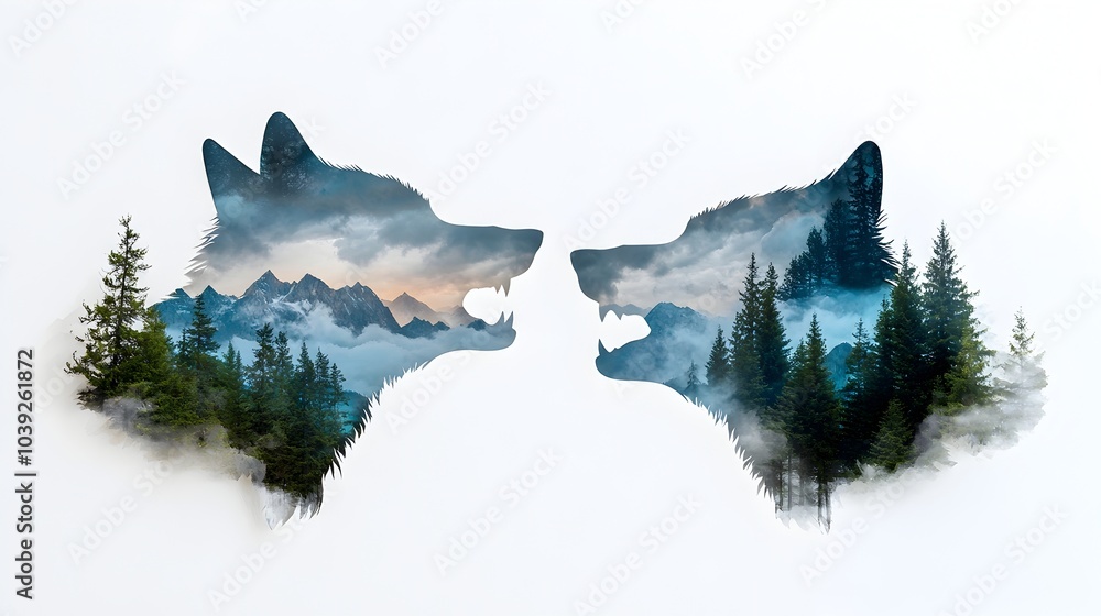 Poster ethereal silhouetted wolves howling against a night sky their forms layered with intricate paper cut