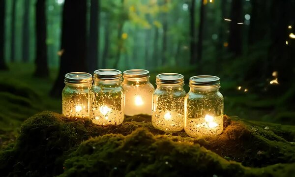A mossy forest floor with scattered mason jars glowing softly, surrounded by flickering fireflies. Warm ambient light filters through the canopy above, creating dreamy patterns on the ground.