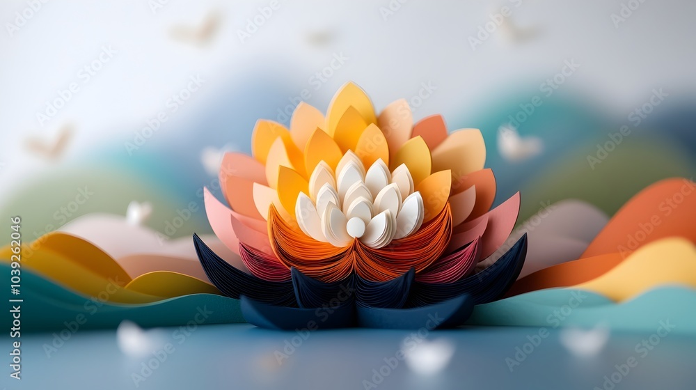 Poster vibrant symmetrical mandala with mirrored fractal design and colorful layered paper cut elements mes