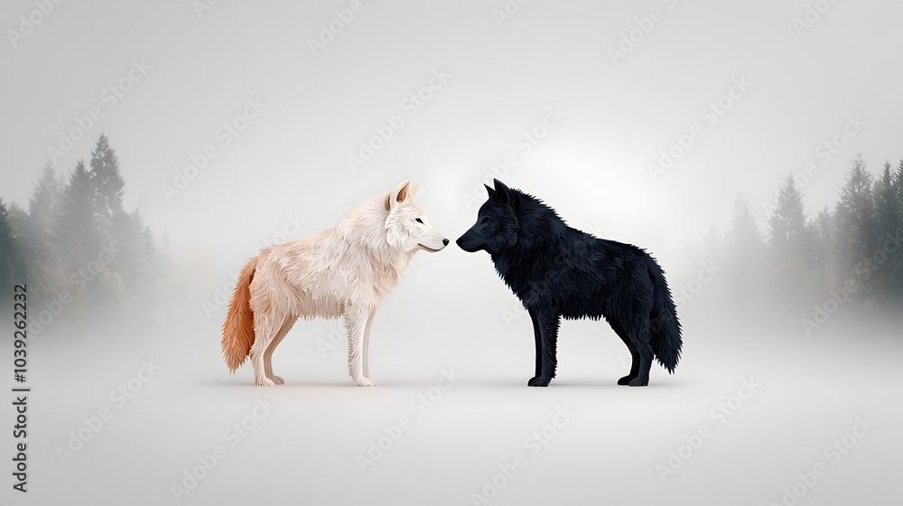 Poster captivating silhouette of two symmetrical wolves standing back to back layered with intricate paper 