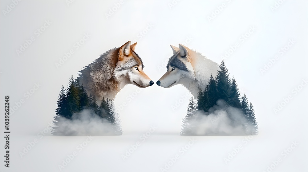 Poster silhouettes of two symmetrical wolves standing back to back layered with abstract paper cut textures