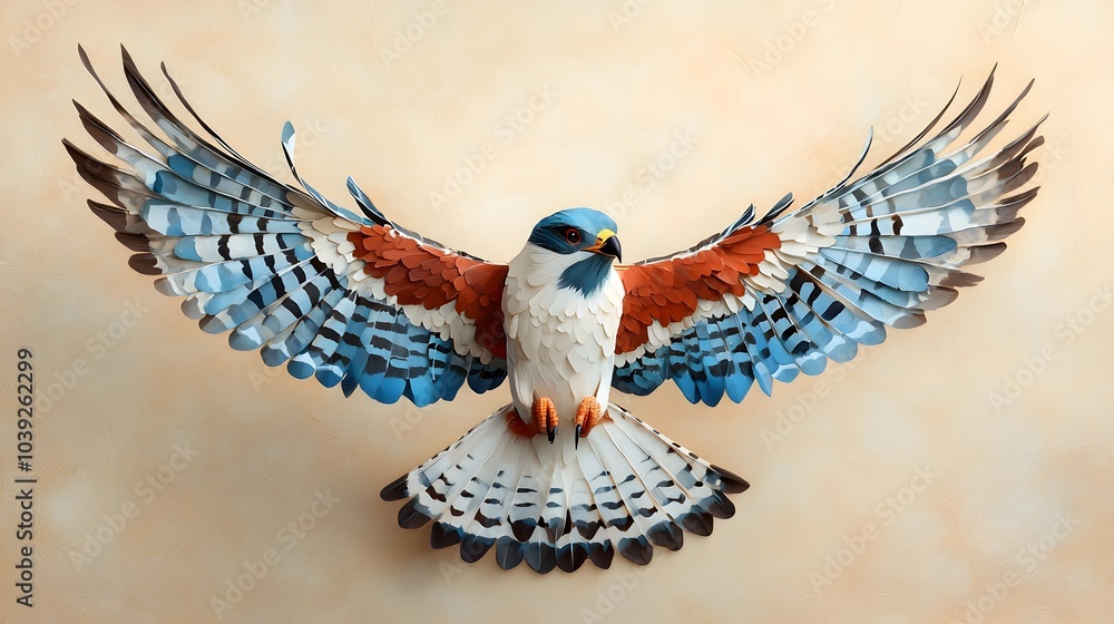 Poster symmetrical bird silhouette in flight layered with detailed paper cut patterns in a minimalist moder