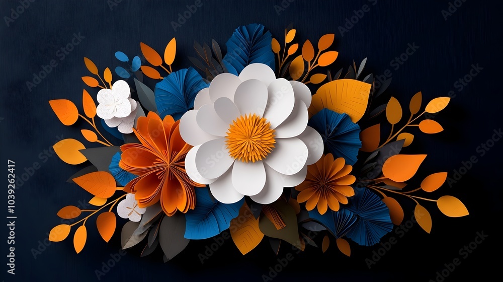 Poster elegant and minimalist symmetrical abstract background featuring a layered fractal paper cut flower 