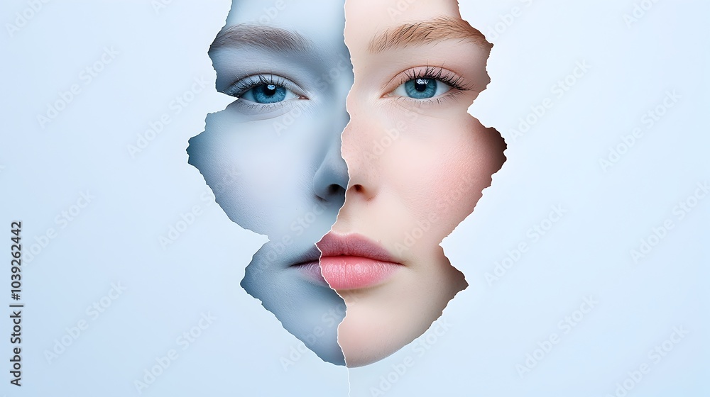 Poster symmetrical silhouette of a human face with mirrored paper cut layers creating a captivating and vis