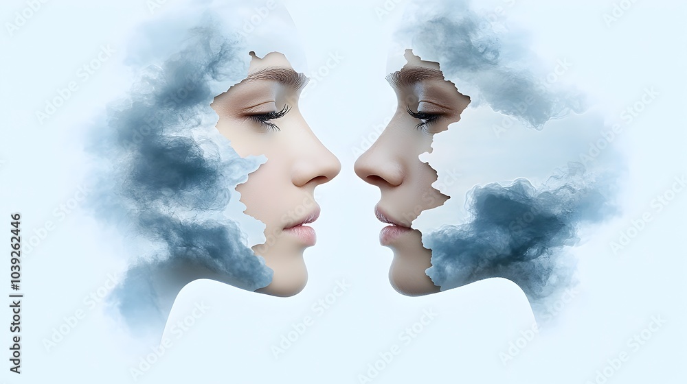 Poster a striking and modern digital depicting the silhouette of a symmetrical human face with mirrored pap