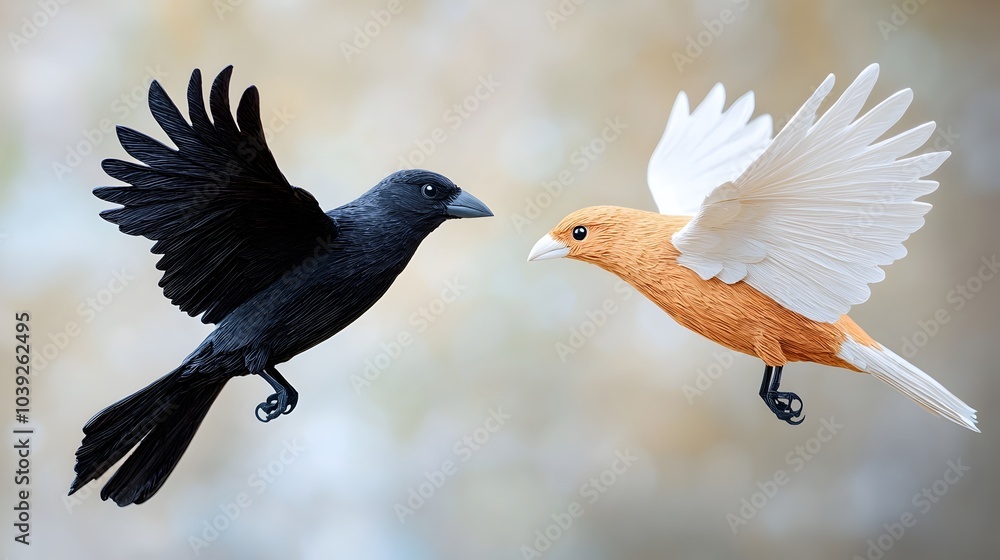 Poster elegant and minimalist silhouette of two symmetrical birds soaring in flight with layered paper cut 