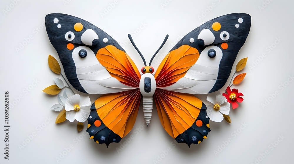 Poster symmetrical butterfly silhouette in layered paper cut style with vibrant patterns elegant and modern