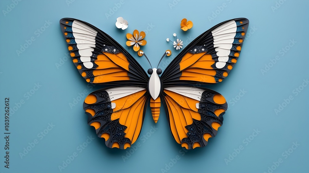 Poster symmetrical butterfly silhouette in a layered paper cut style with vibrant intricate patterns and a 
