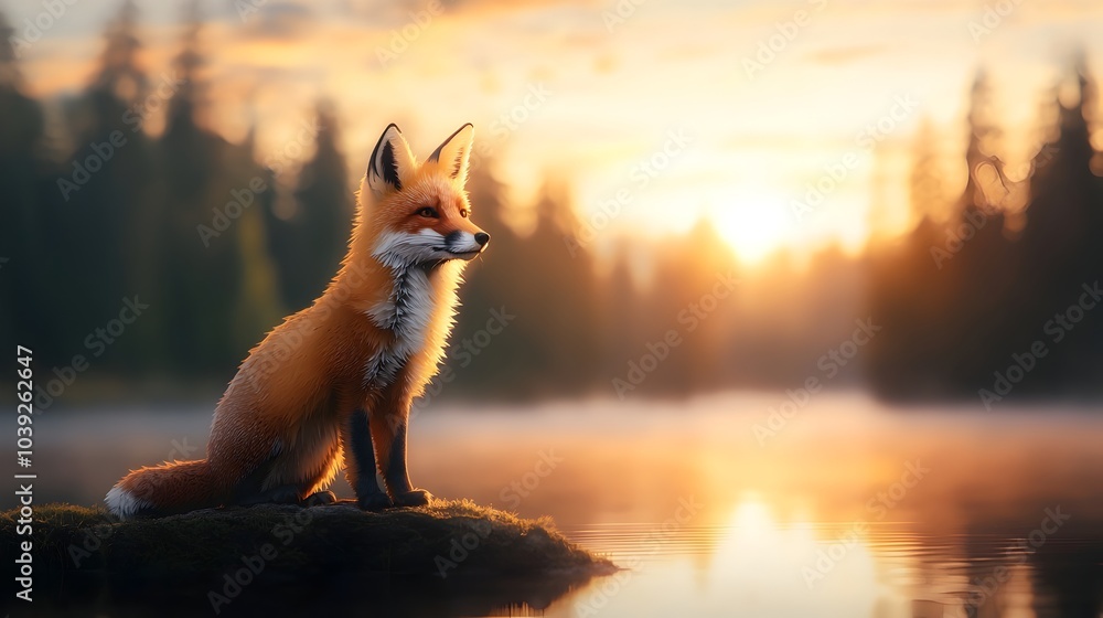 Poster elegant and minimalist silhouette of a fox with symmetrical mirrored paper cut details set against a