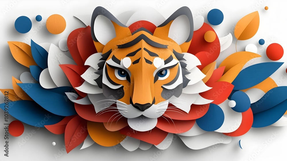 Poster symmetrical silhouette of an abstract animal face with intricate layered paper cut patterns creating