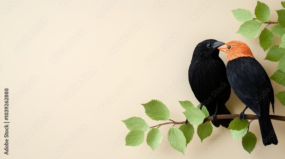 Poster elegant and minimalist of two symmetrical bird silhouettes perched on a branch layered with delicate