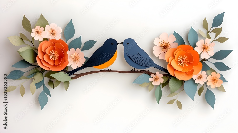 Poster symmetrical silhouette of two birds perched on a branch with a layered paper cut leaves design in th
