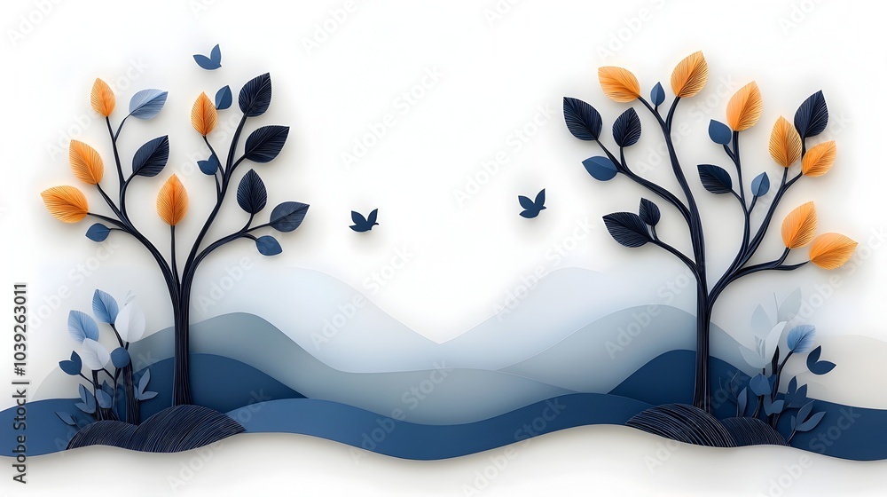 Poster serene silhouetted trees and branches set against a symmetrical backdrop of layered papercut leaves 