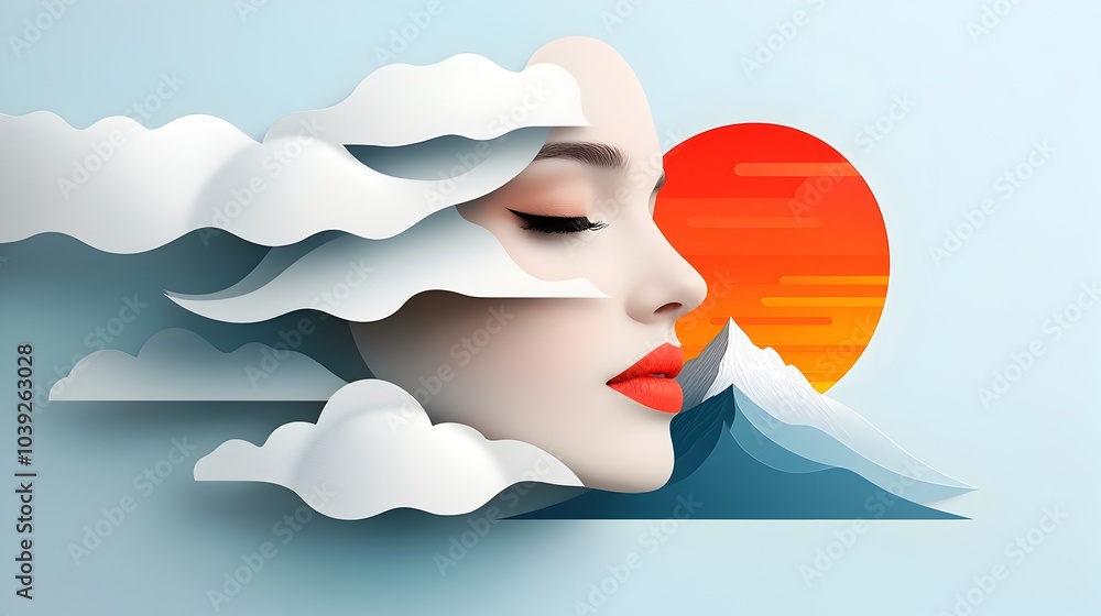 Poster elegant and minimalist symmetrical silhouette face rendered in a layered paper cut style with mirror