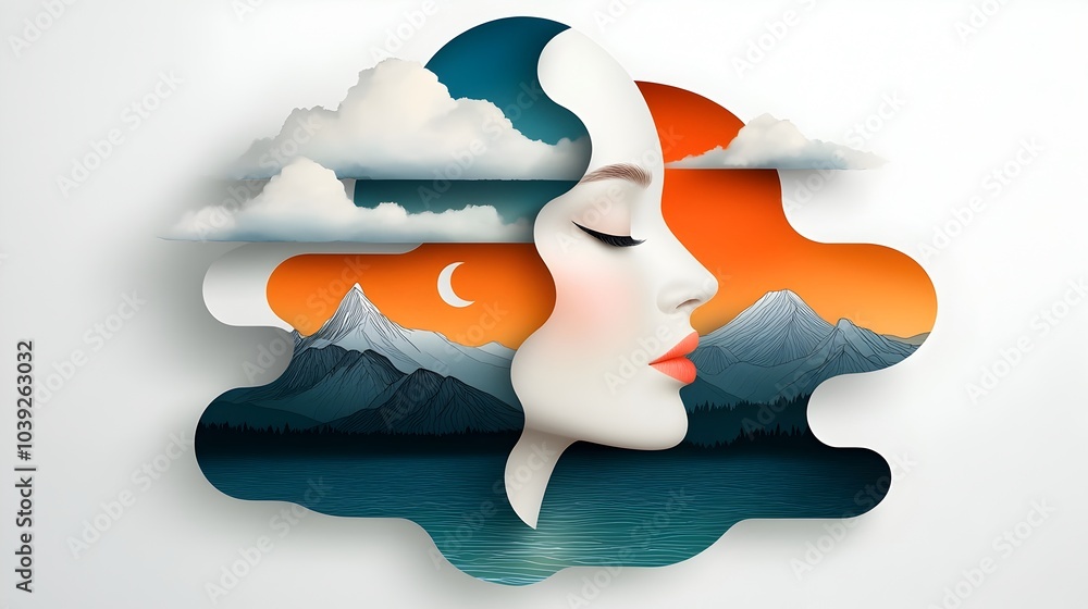 Poster captivating symmetrical abstract face silhouette in layered paper cut style with mirrored features s