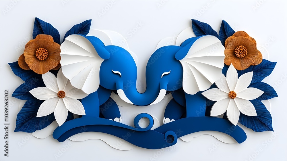 Poster minimalist silhouette of two symmetrical elephants facing each other layered with intricate paper cu