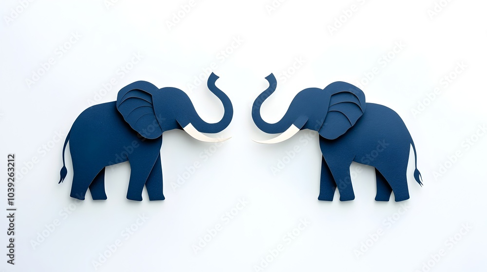 Poster elegant silhouettes of two facing elephants set against a background of intricate layered paper cut 