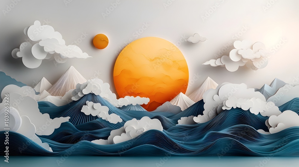 Poster elegant symmetrical silhouette of a flowing dynamic ocean wave layered with delicate paper cut textu