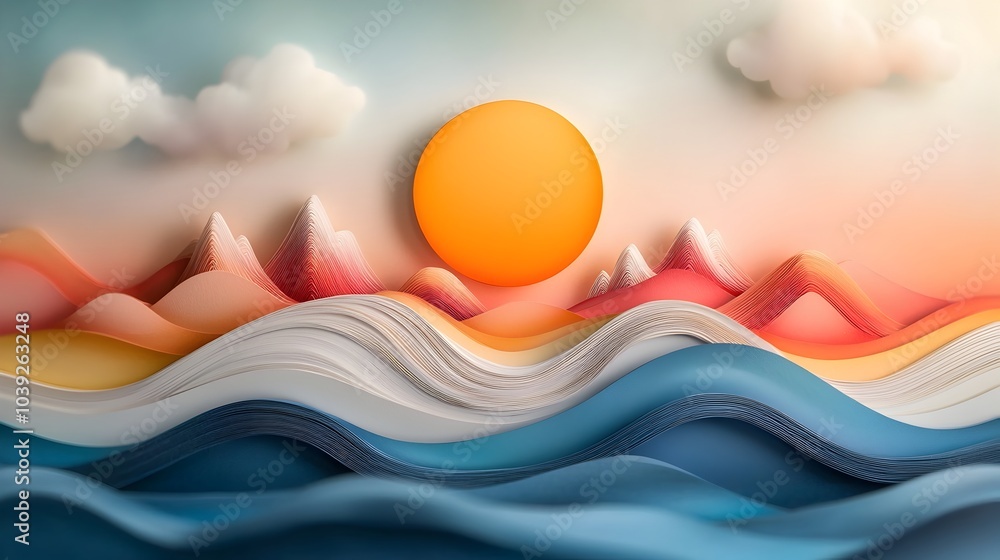 Poster mesmerizing symmetrical ocean wave silhouette with layered paper cut textures and dynamic digital ar