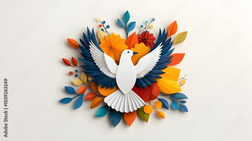 Poster elegant and minimalist symmetrical bird silhouette in flight overlaid with vibrant colorful paper cu
