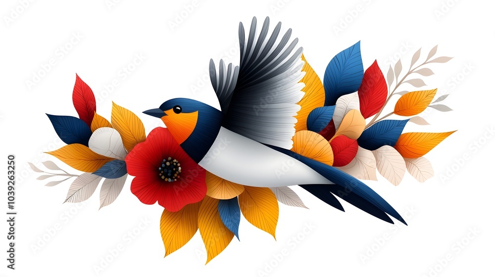 Poster stylized symmetrical silhouette of a bird in flight layered with vibrant colorful paper cut geometri