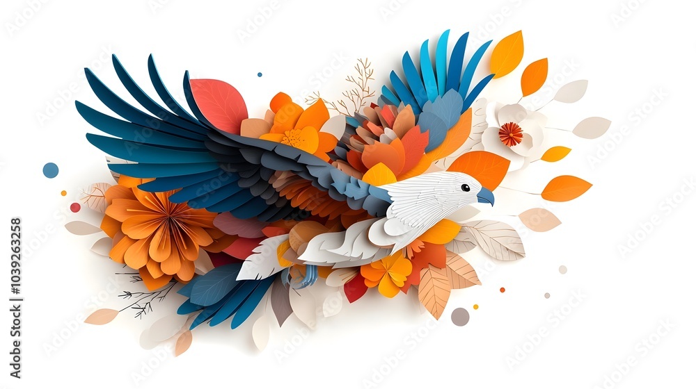 Poster elegant symmetrical silhouette of a bird in flight layered with vibrant colorful paper cut patterns 