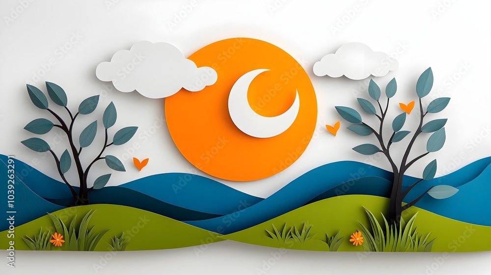 Poster symmetrical silhouette design featuring the sun and moon shapes layered with intricate paper cut det