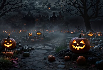 Halloween glowing jack-o'-lanterns spooky night scene, Generative AI