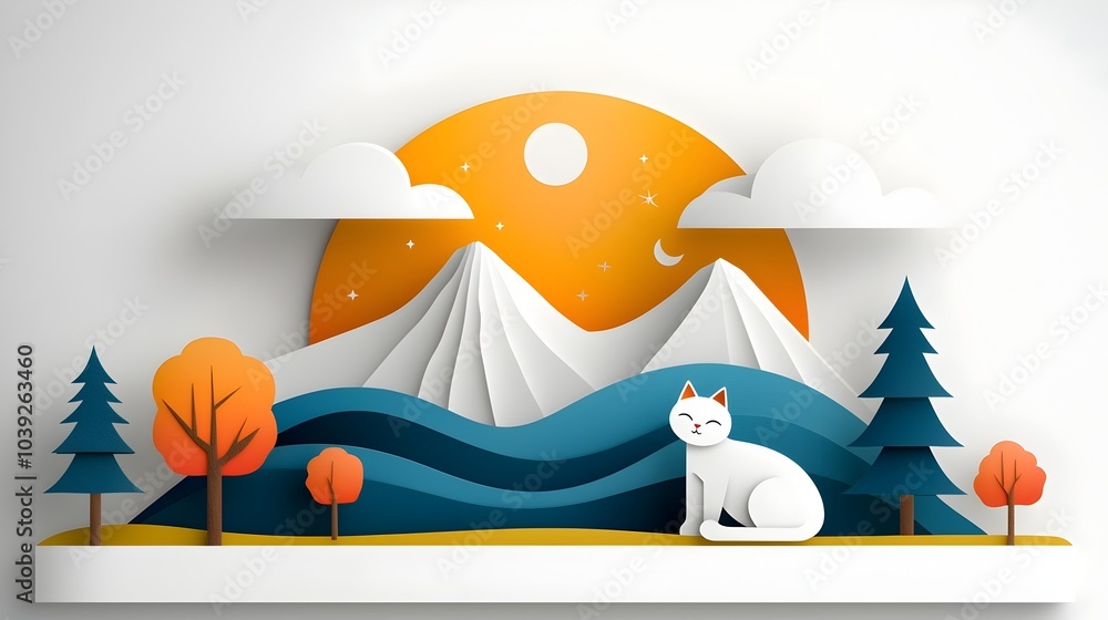Poster elegant silhouette of a cat sitting on a windowsill created in a layered paper cut style with a symm