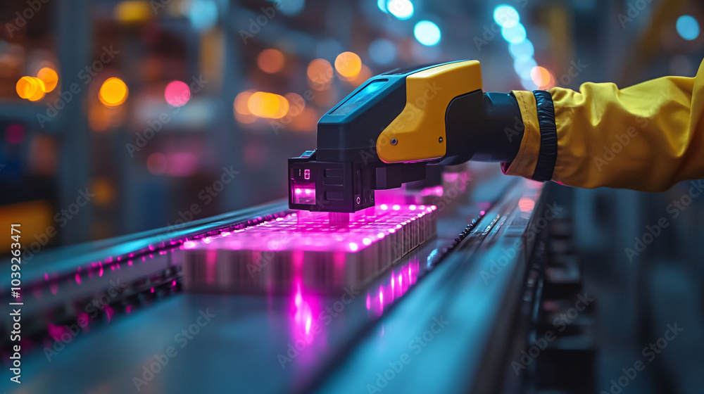 Poster close-up of a product scanner highlighting bright pink lights as it processes items on a conveyor be
