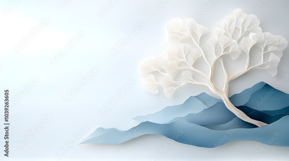 Poster stunning symmetrical tree with mirrored layered paper cut textures creating a minimalist abstract na