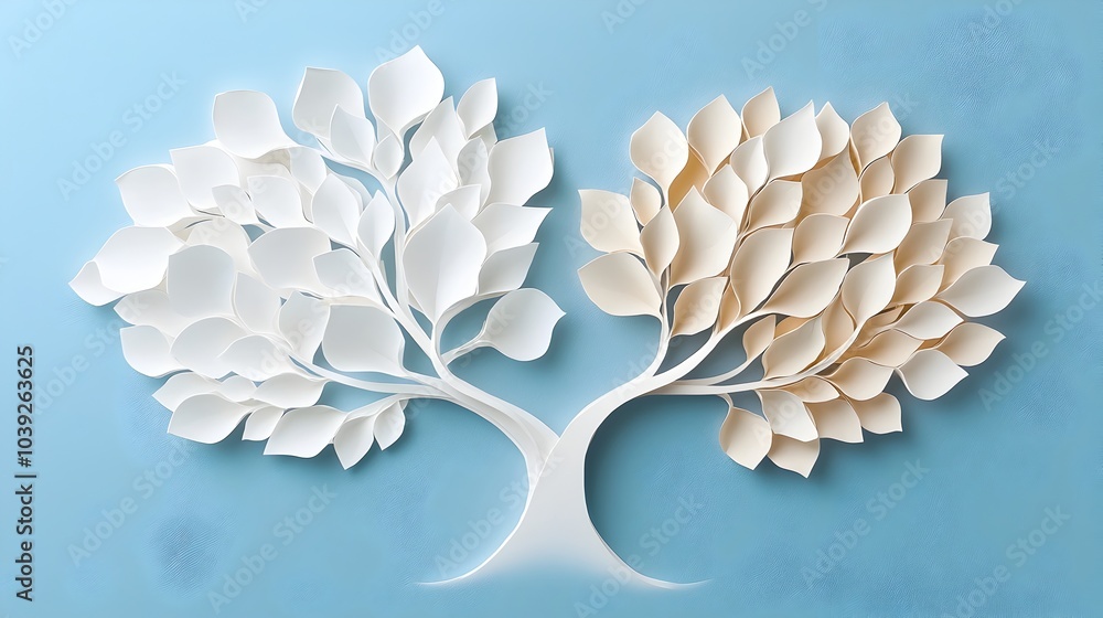 Poster symmetrical mirrored tree with layered paper cut textures creating a modern elegant and minimalist b